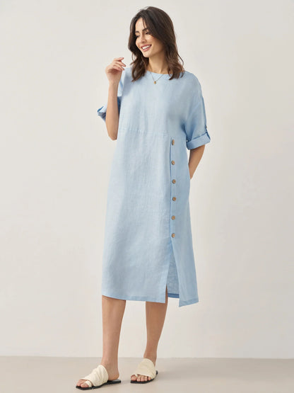 Anaïs™ | Robe midi en lin à boutons décoratifs