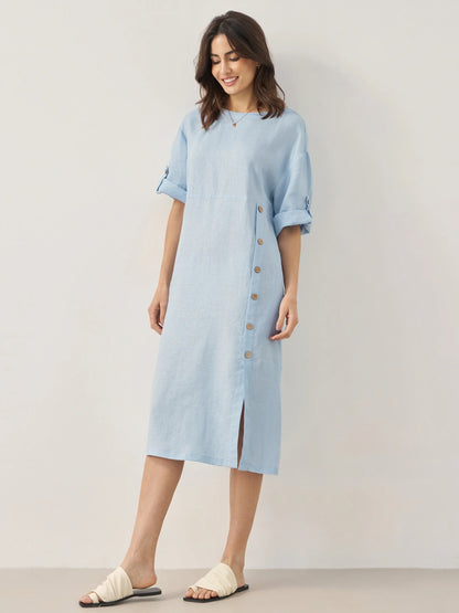 Anaïs™ | Robe midi en lin à boutons décoratifs