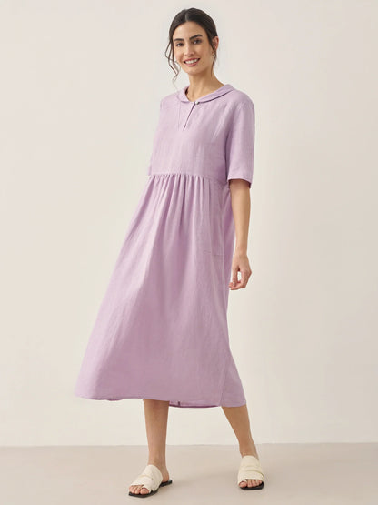 Manon™ | Langes Leinenkleid mit Schalkragen