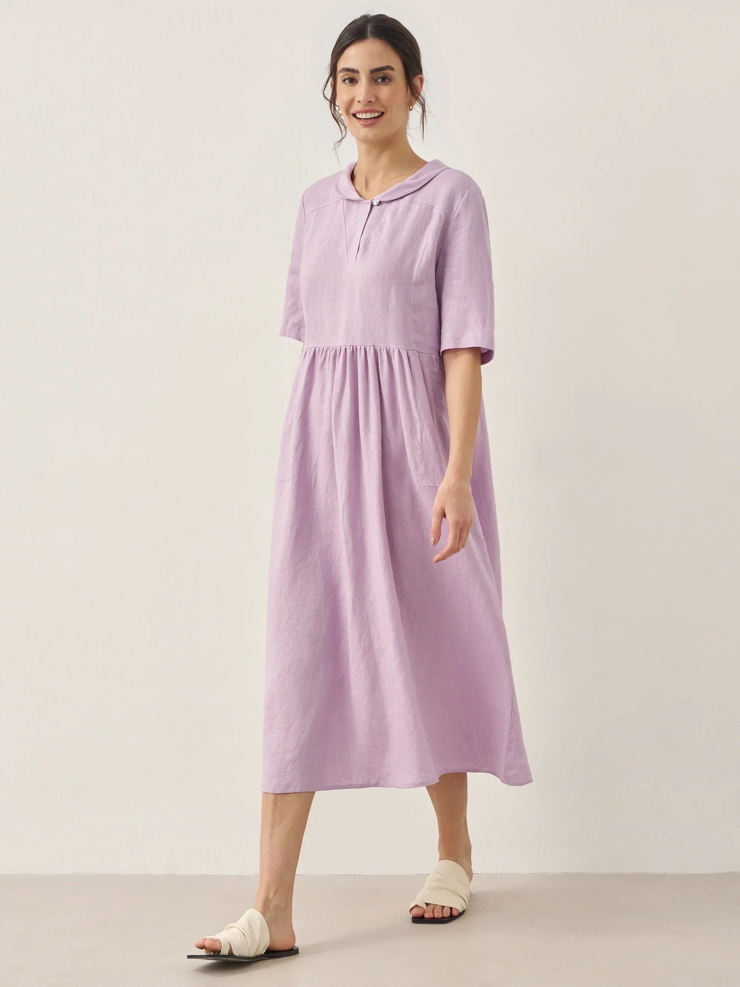 Manon™ | Langes Leinenkleid mit Schalkragen