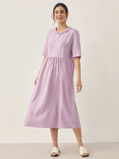 Manon™ | Langes Leinenkleid mit Schalkragen