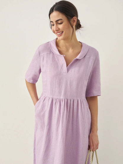 Manon™ | Langes Leinenkleid mit Schalkragen