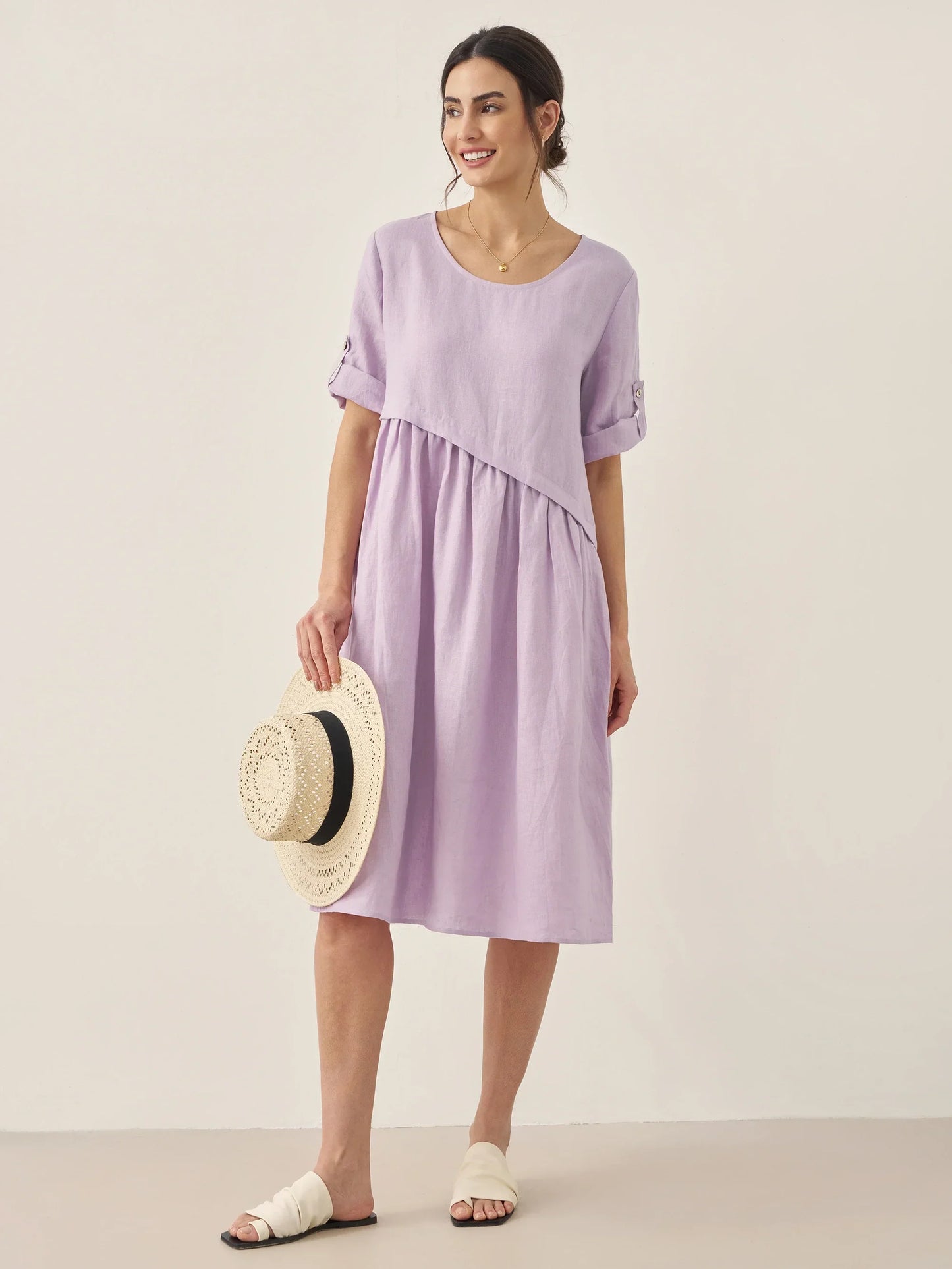 Lilou™ | Robe midi en lin à plis asymétriques