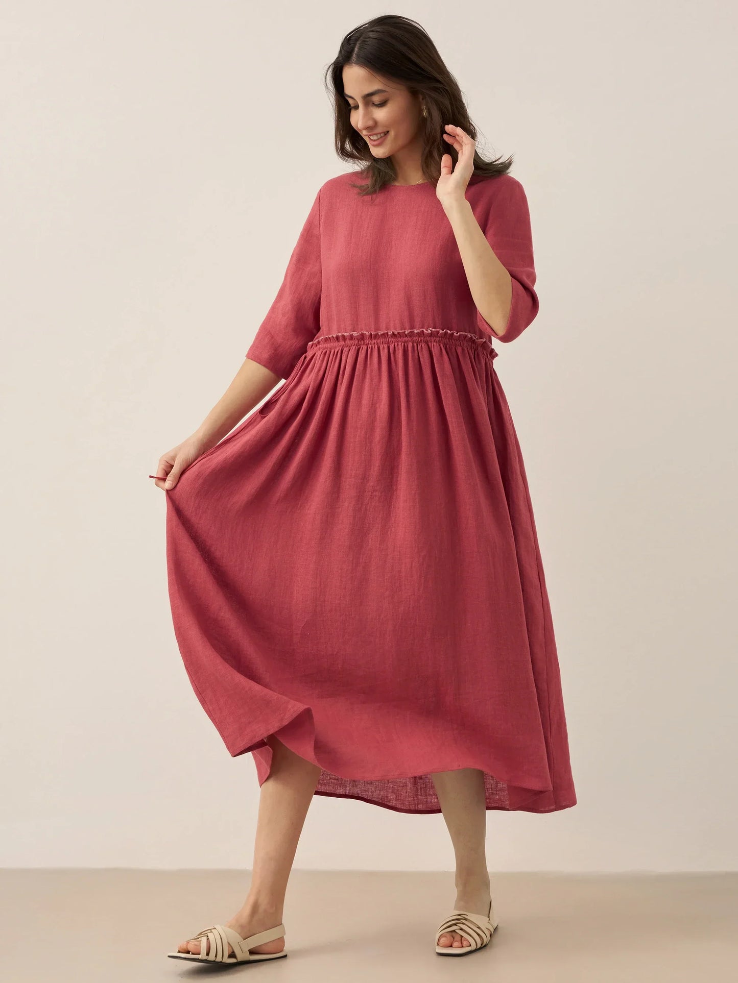 Aurore™ | Robe midi en lin à taille pétale
