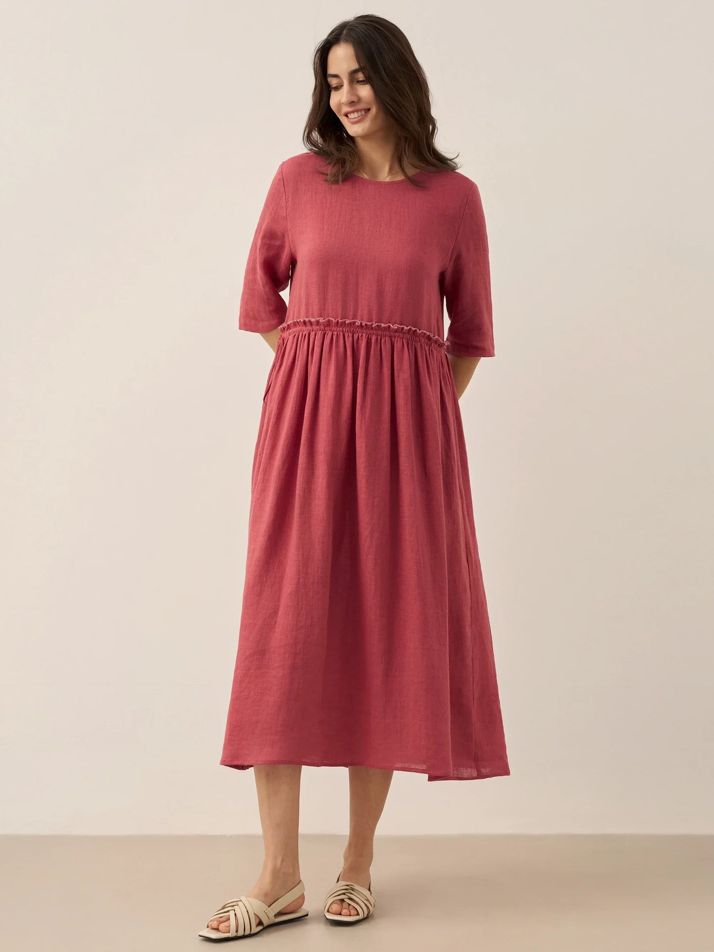 Aurore™ | Robe midi en lin à taille pétale