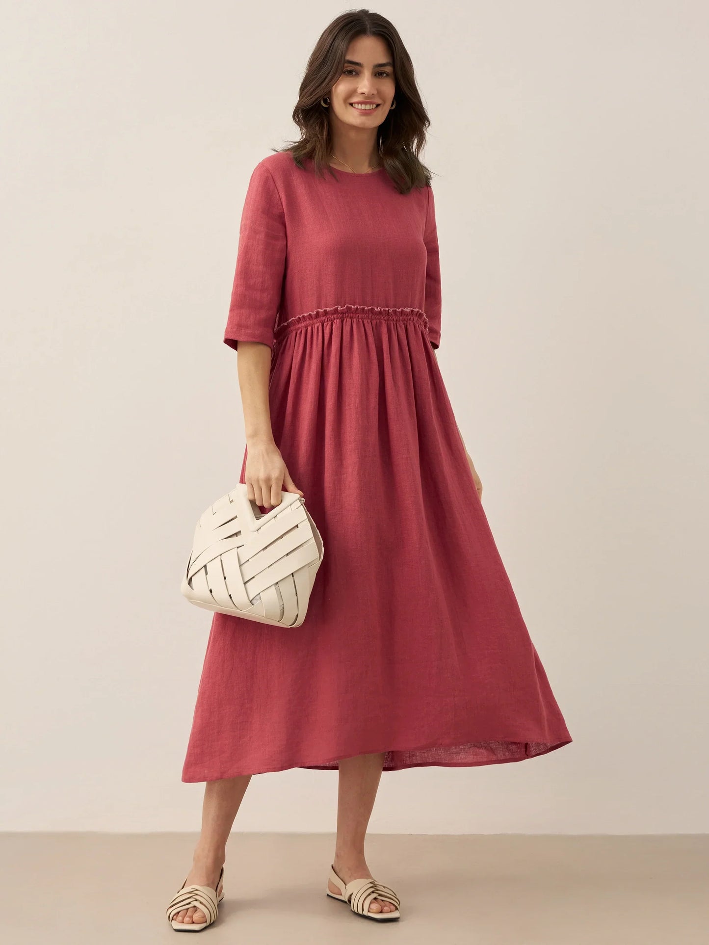Aurore™ | Robe midi en lin à taille pétale