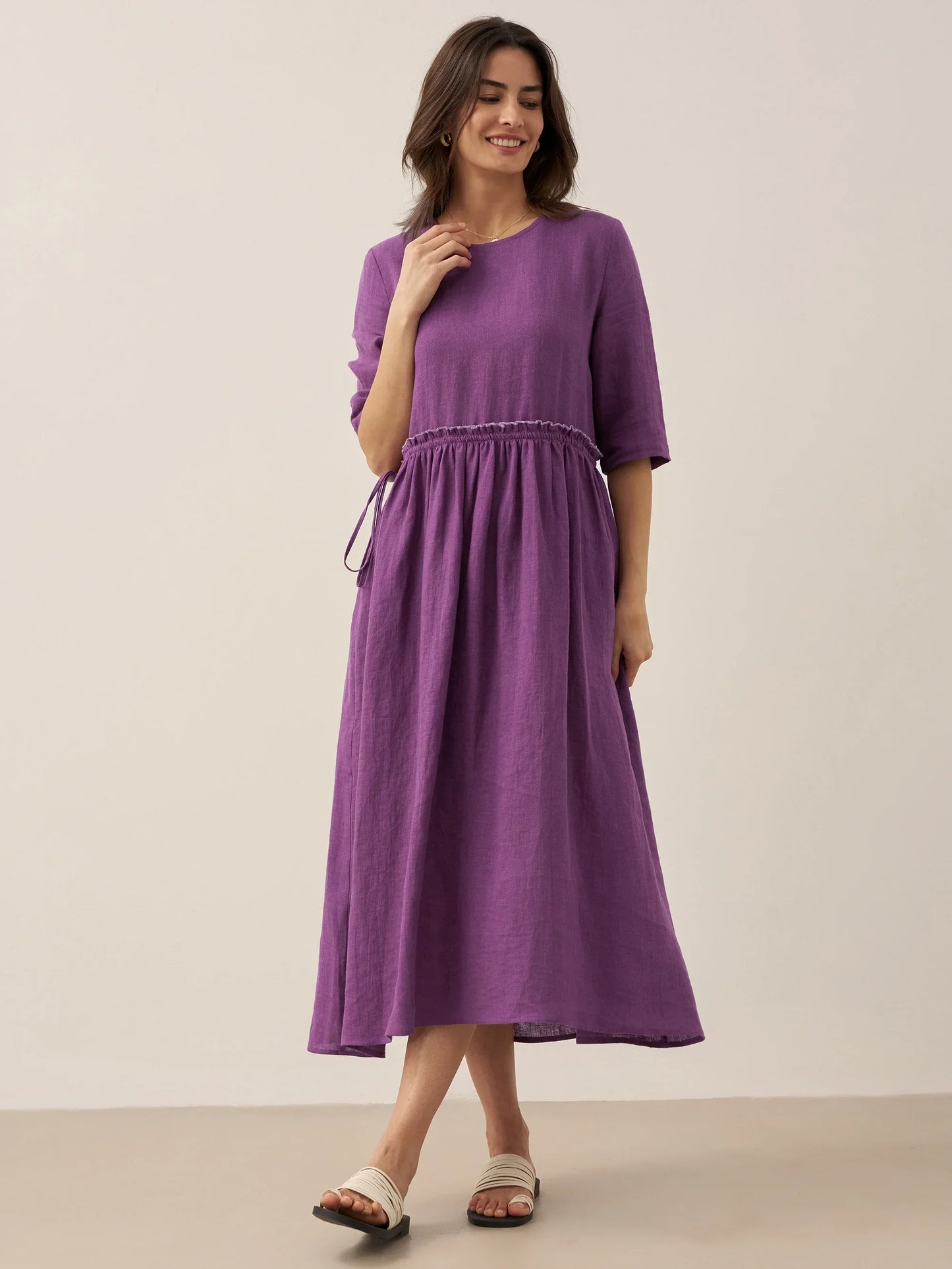 Aurore™ | Robe midi en lin à taille pétale