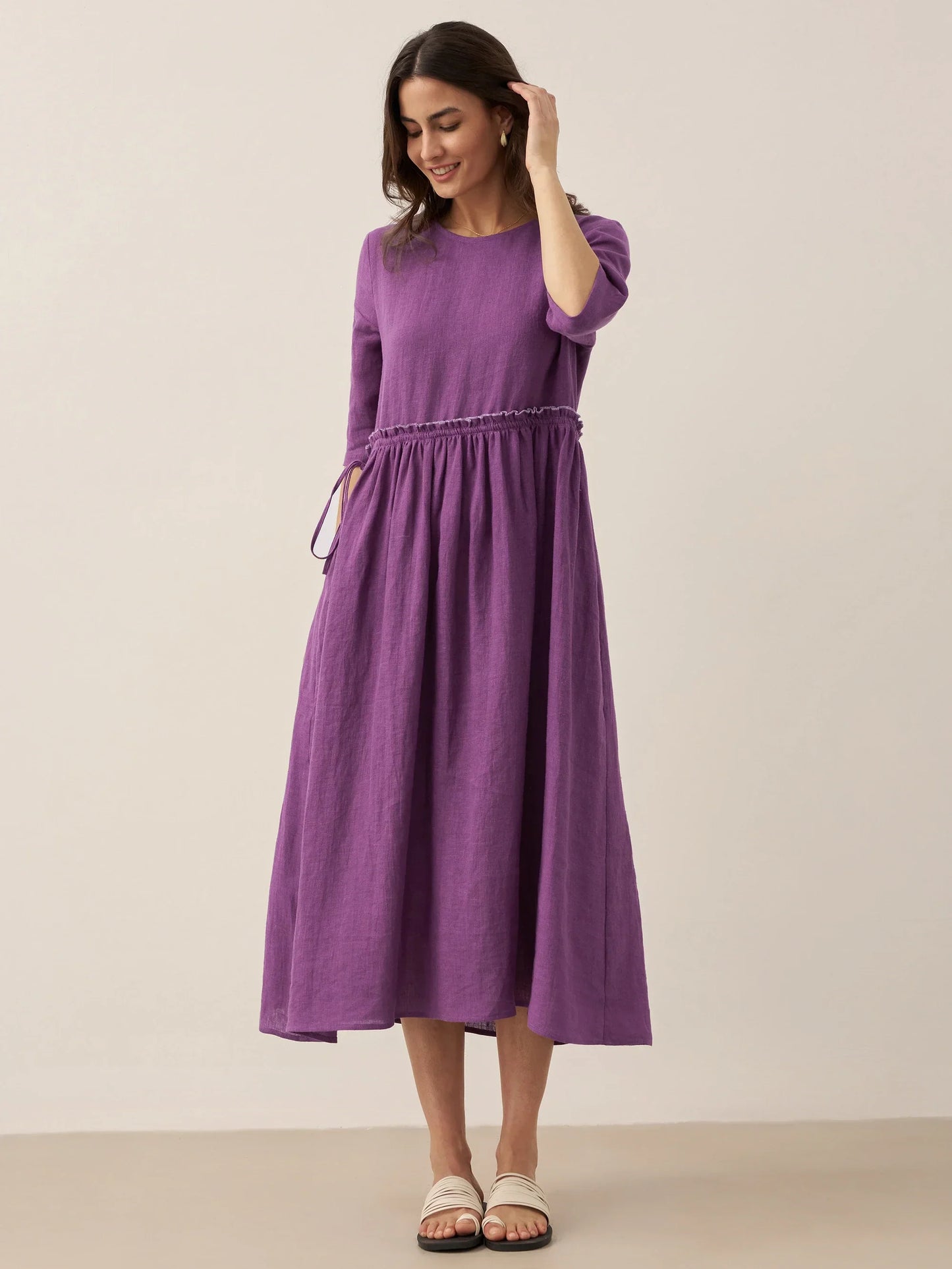 Aurore™ | Robe midi en lin à taille pétale