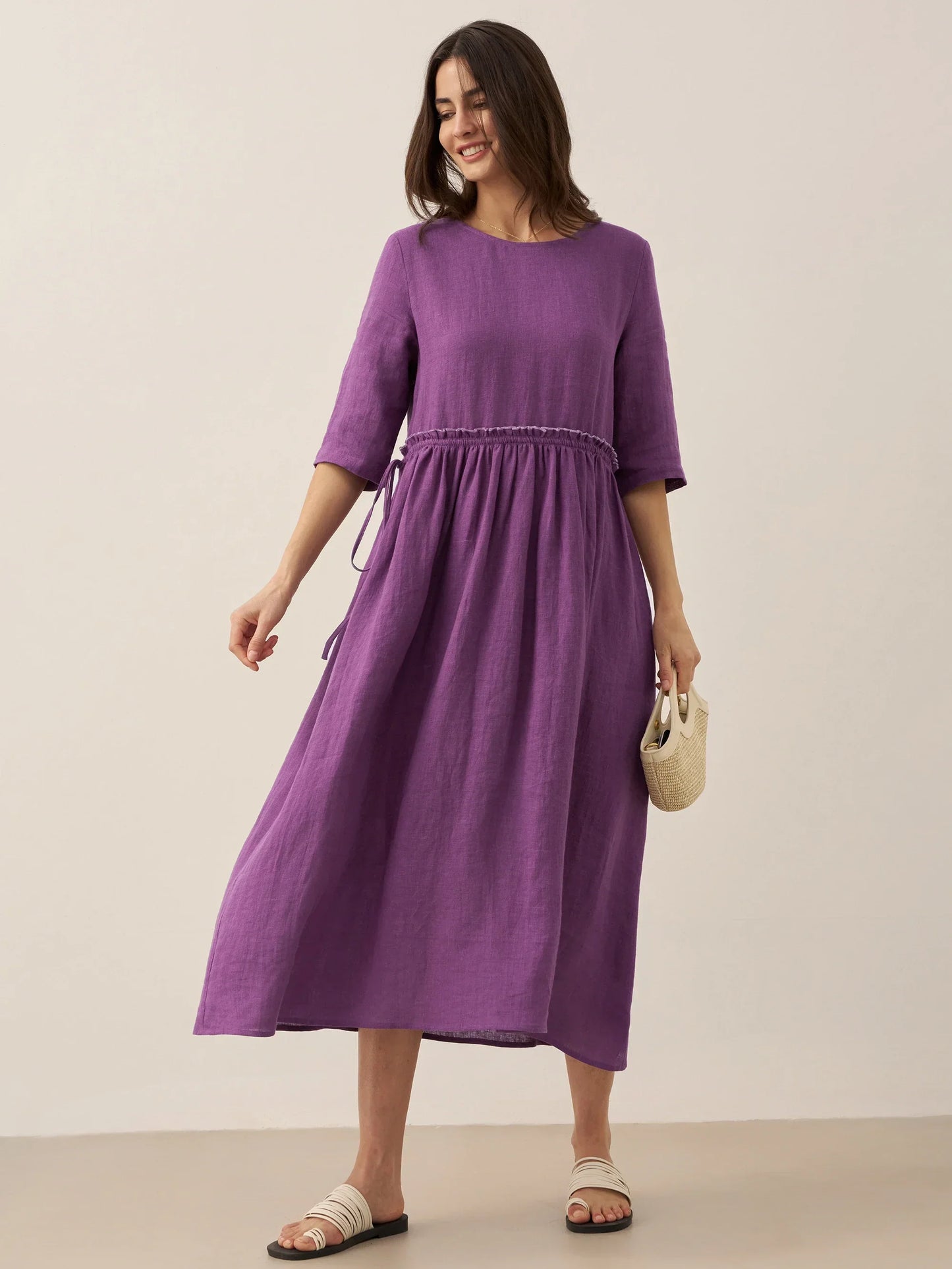 Aurore™ | Robe midi en lin à taille pétale
