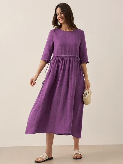 Aurore™ | Robe midi en lin à taille pétale