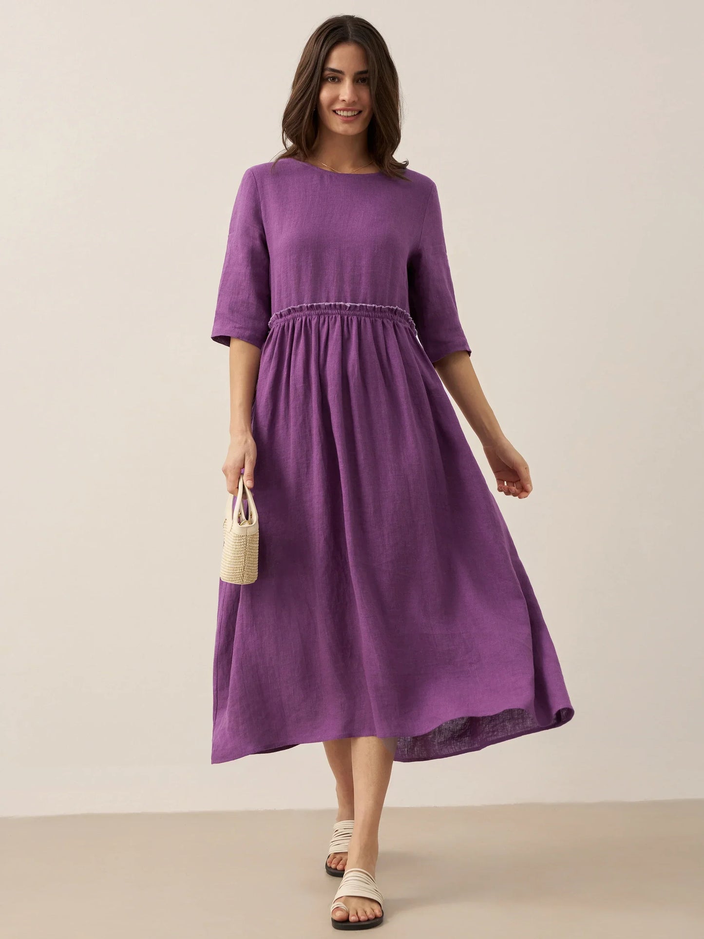 Aurore™ | Robe midi en lin à taille pétale