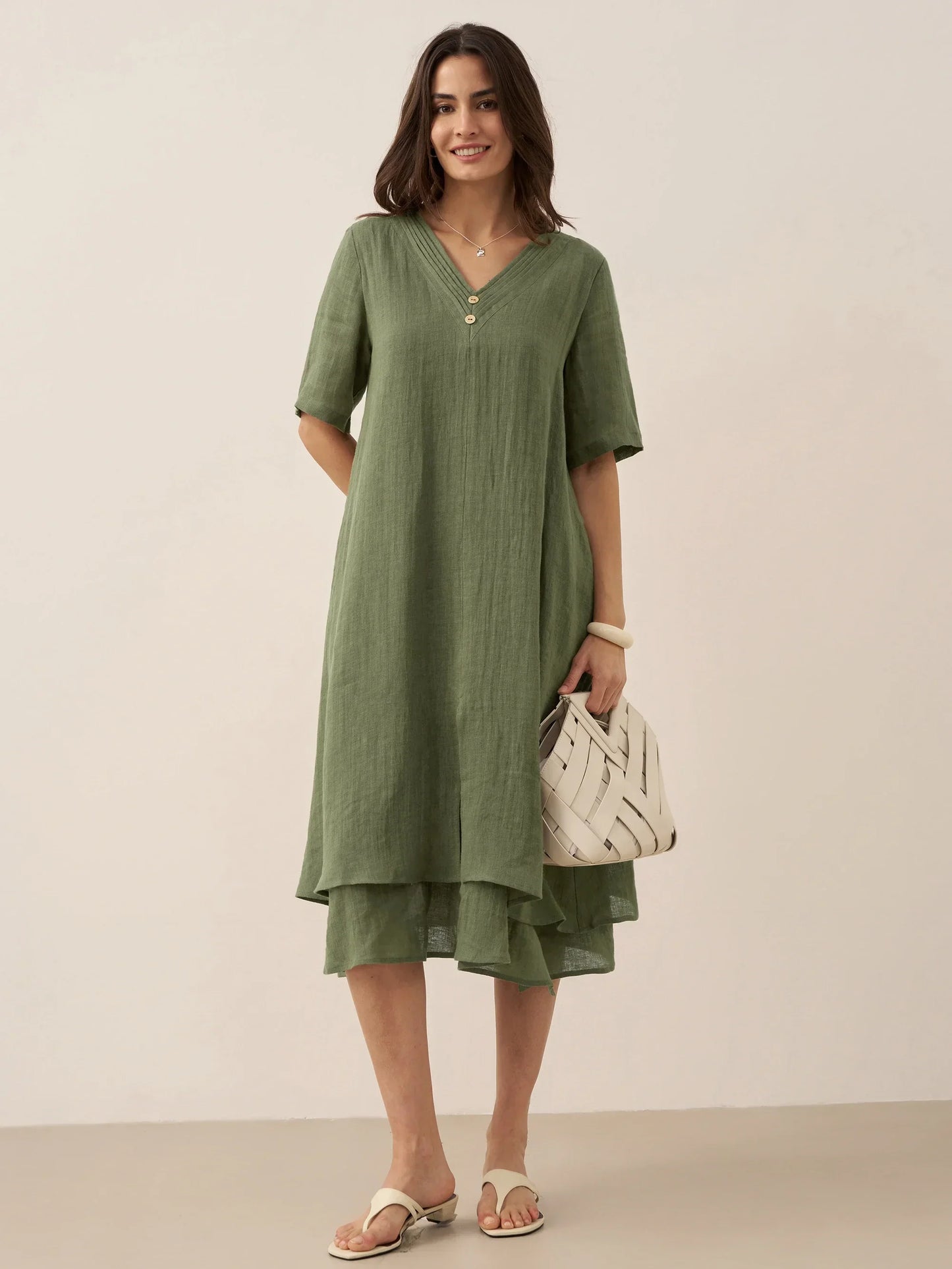 Juliette™ | Robe midi en lin à double épaisseur