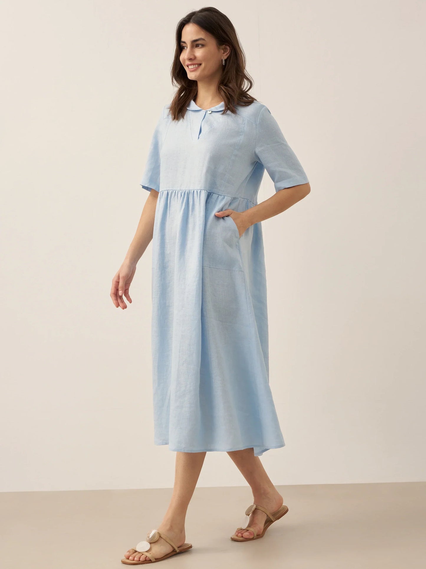 Manon™ | Langes Leinenkleid mit Schalkragen