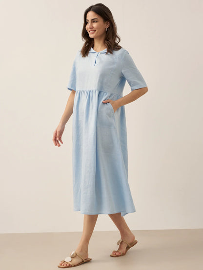 Manon™ | Langes Leinenkleid mit Schalkragen