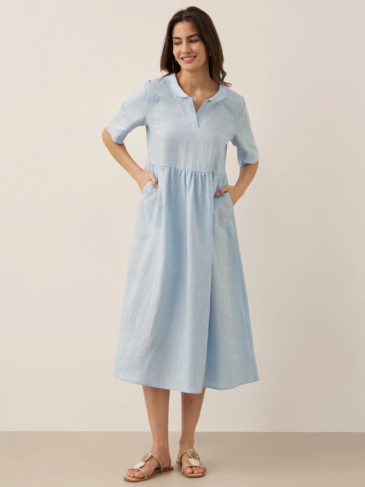 Manon™ | Langes Leinenkleid mit Schalkragen