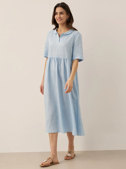 Manon™ | Langes Leinenkleid mit Schalkragen