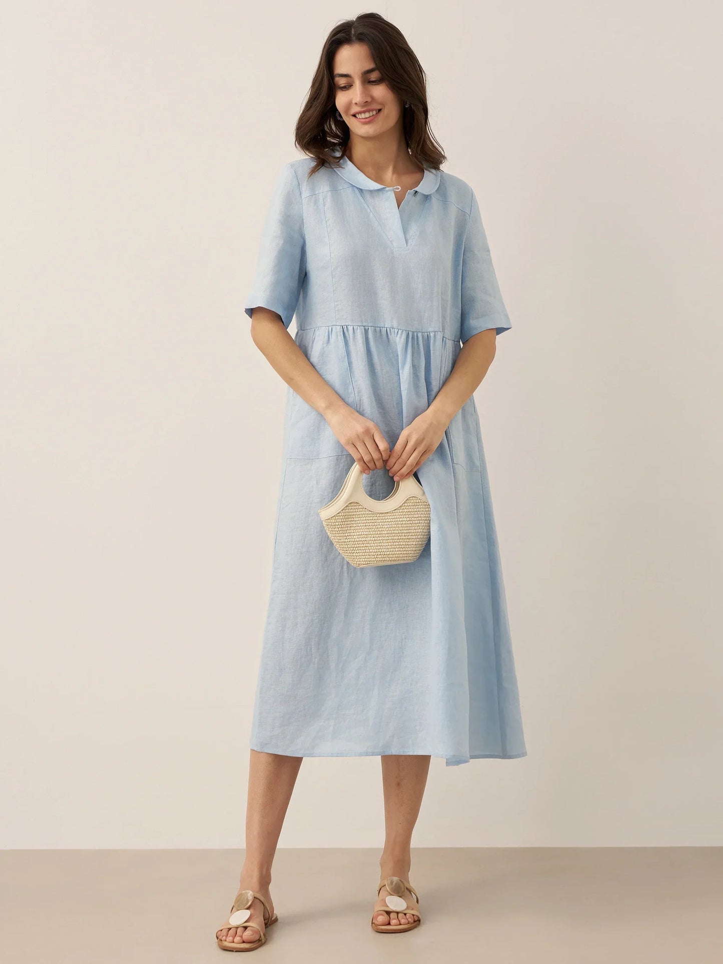 Manon™ | Langes Leinenkleid mit Schalkragen