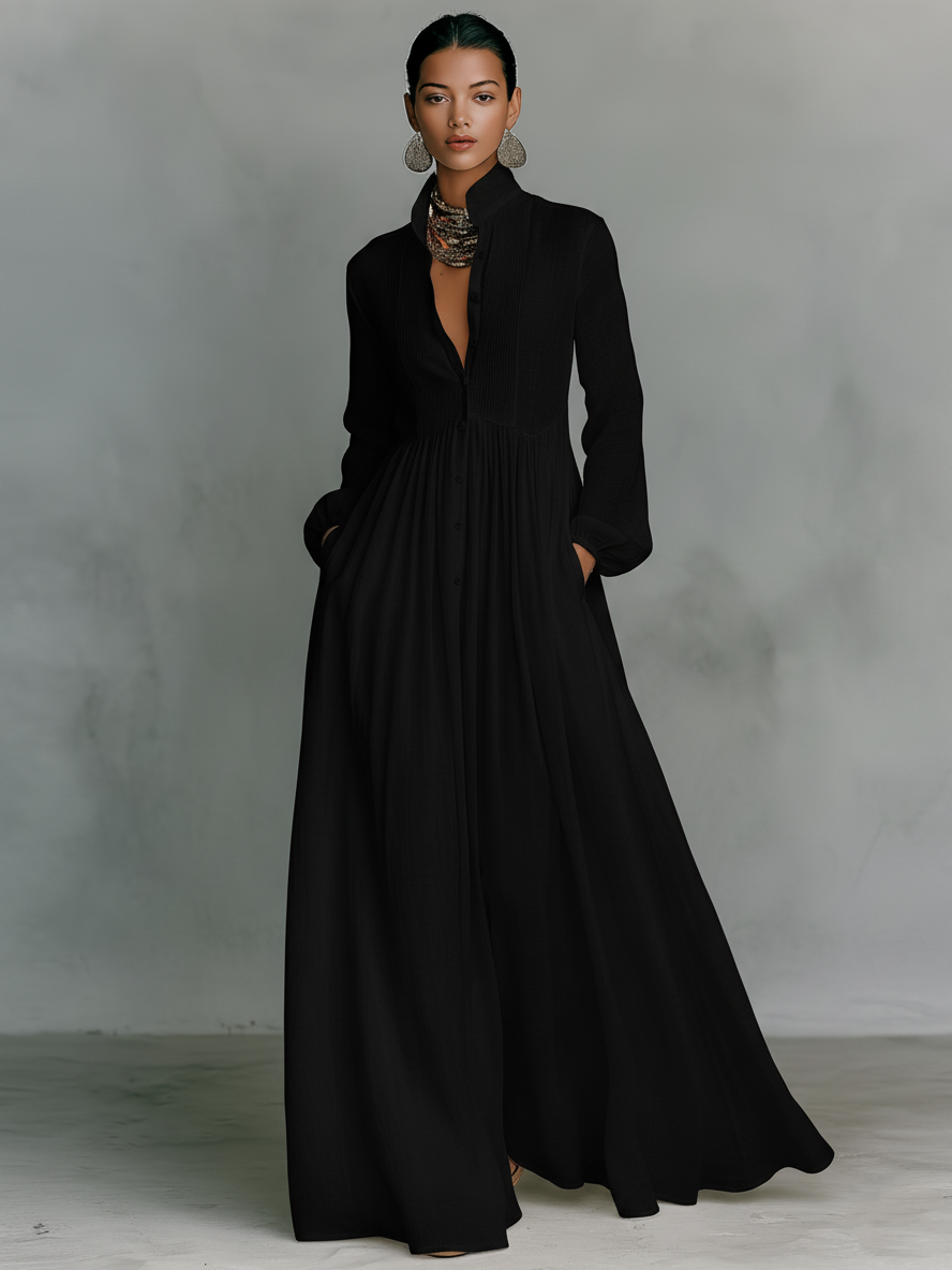 Urielle™ | Robe Maxi Coton-Lin Patchwork Col Montant