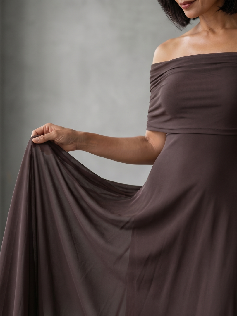 Fatima™ | Robe midi drapée épaules dénudées