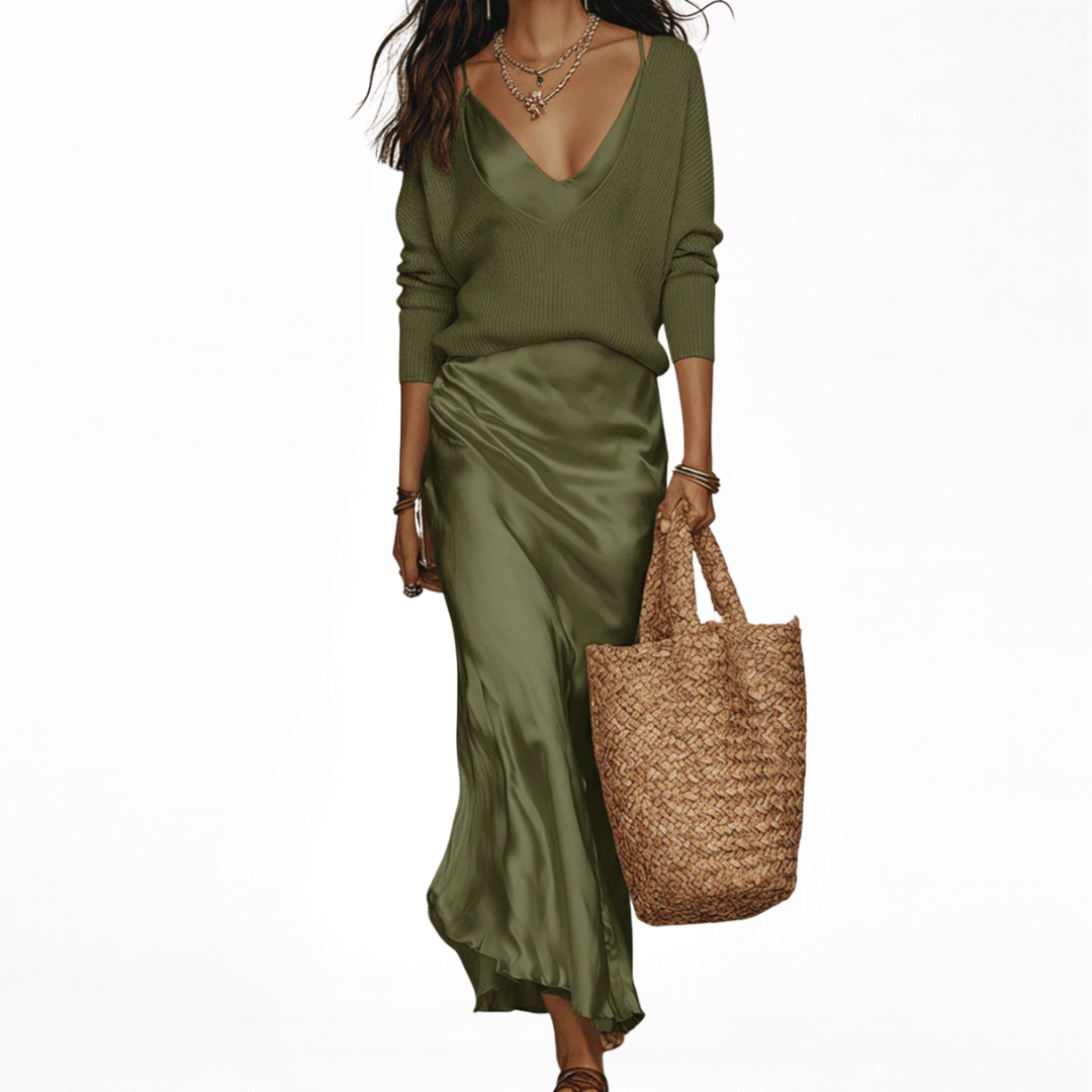 ANISSA™ | ROBE MIDI SATINÉE + PULL INCLUS