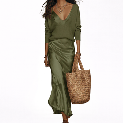 ANISSA™ | ROBE MIDI SATINÉE + PULL INCLUS