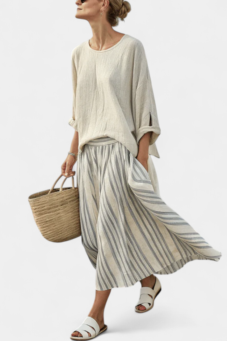 Aurora™ | Ensemble blouse &amp; jupe midi rayée