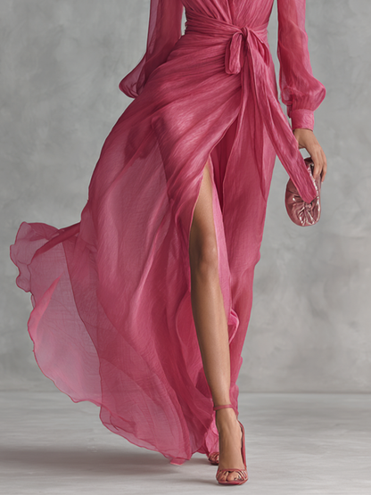 Ysolde™ | Robe Longue en Mousseline Rose à Perles