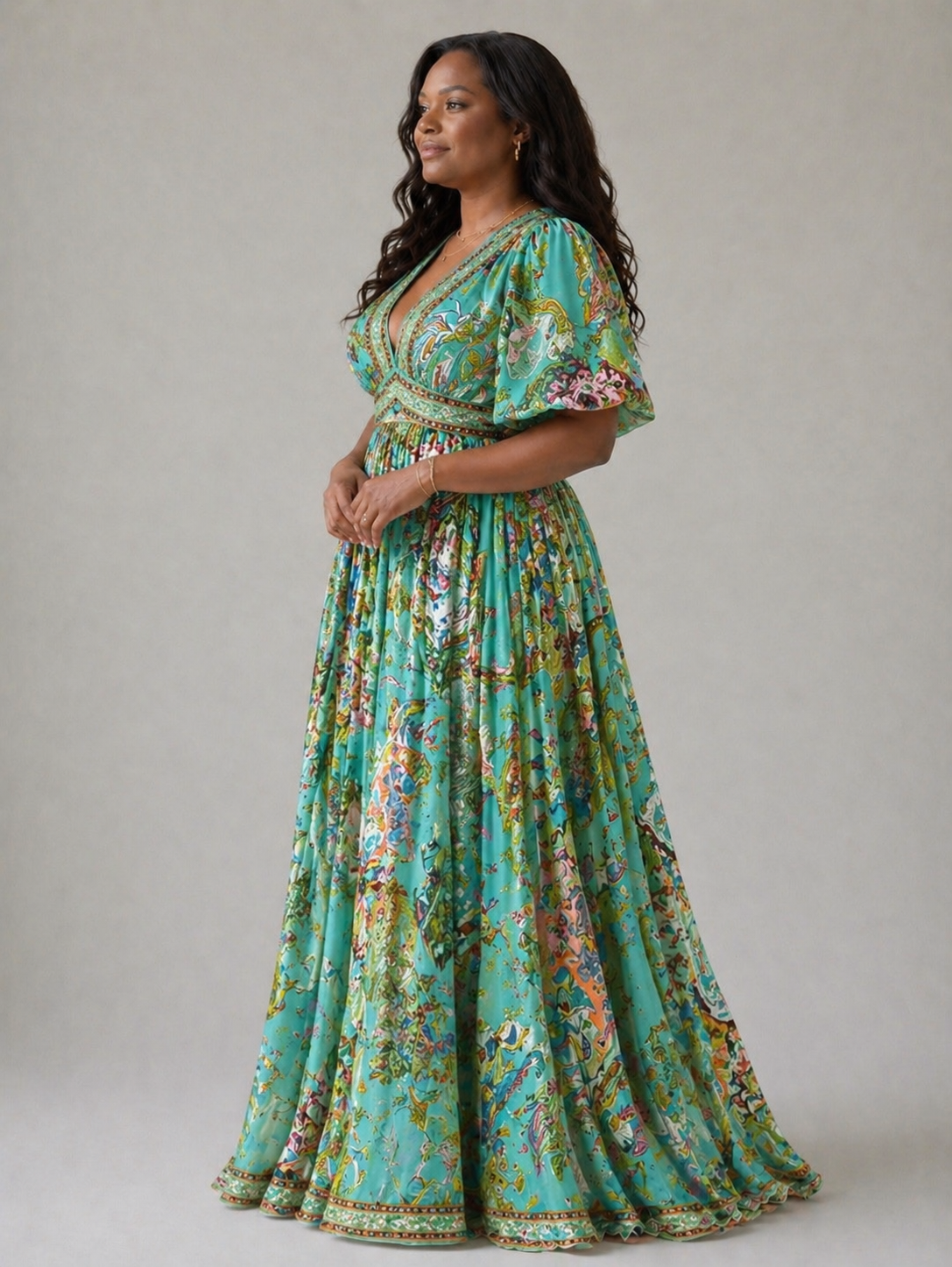 Célestine™ | Robe maxi légère à manches bouffantes et col V