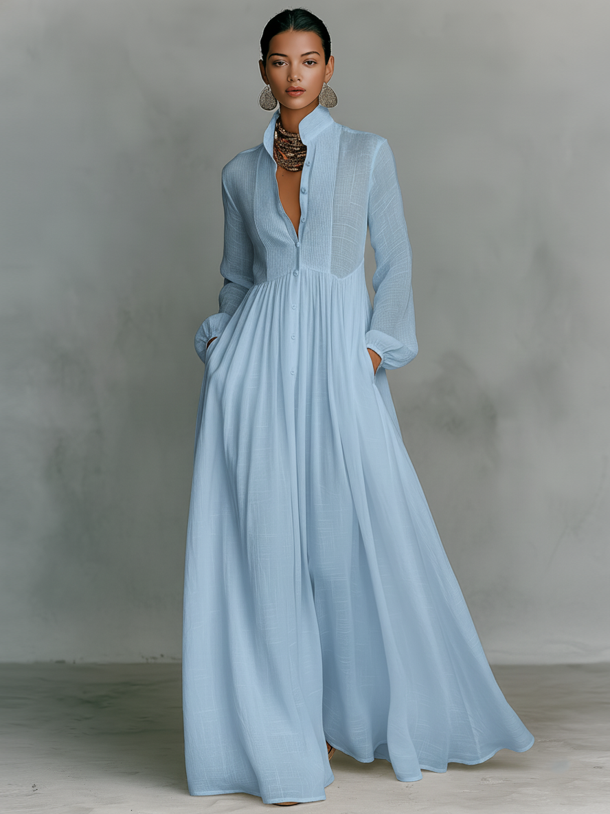 Urielle™ | Robe Maxi Coton-Lin Patchwork Col Montant