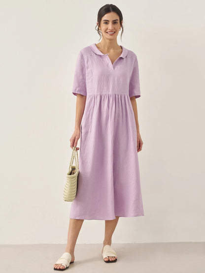 Manon™ | Langes Leinenkleid mit Schalkragen
