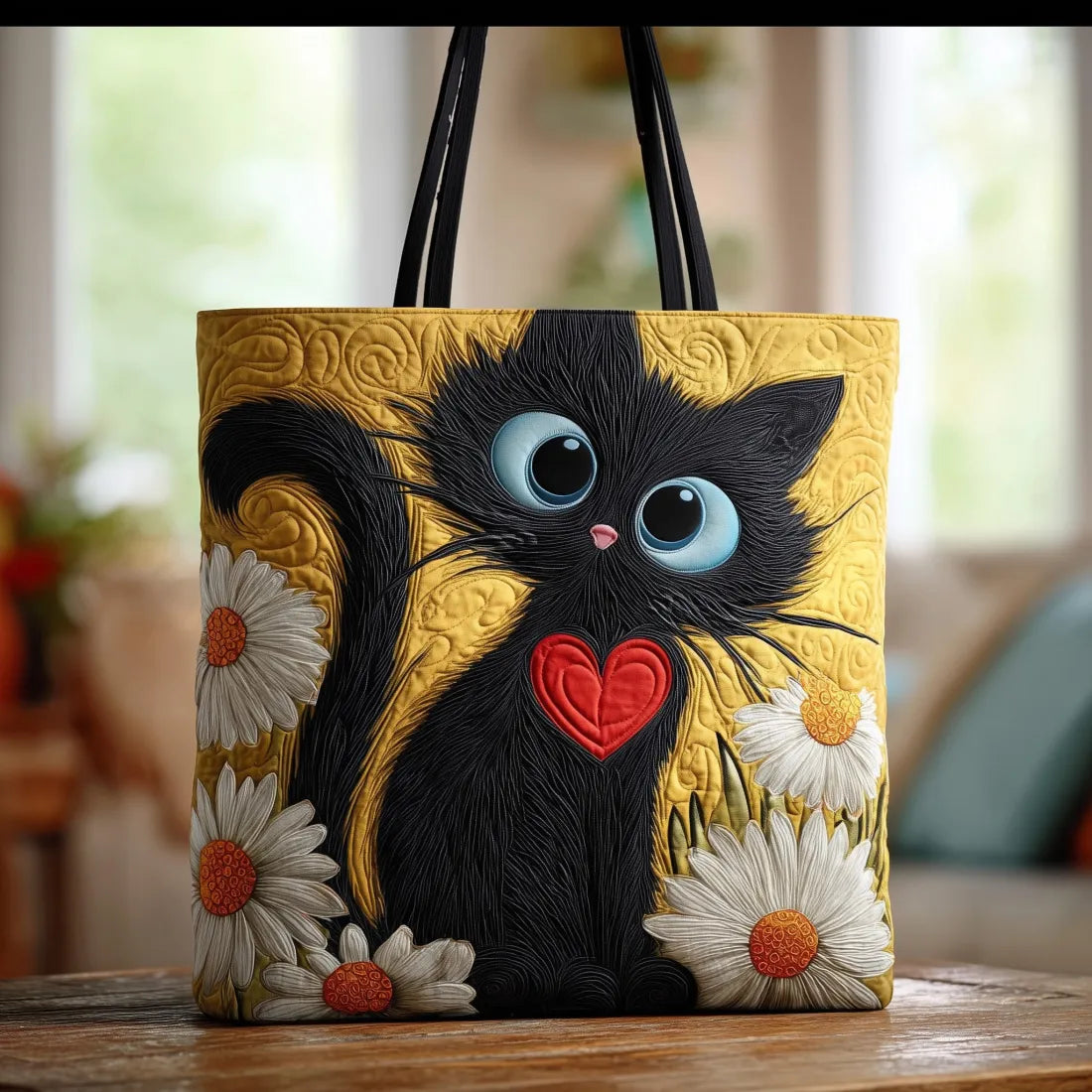 CŒUR NOIR™ | SAC TOTE ARTISANAL DOUBLÉ (CHAT NOIR, MARGUERITES)