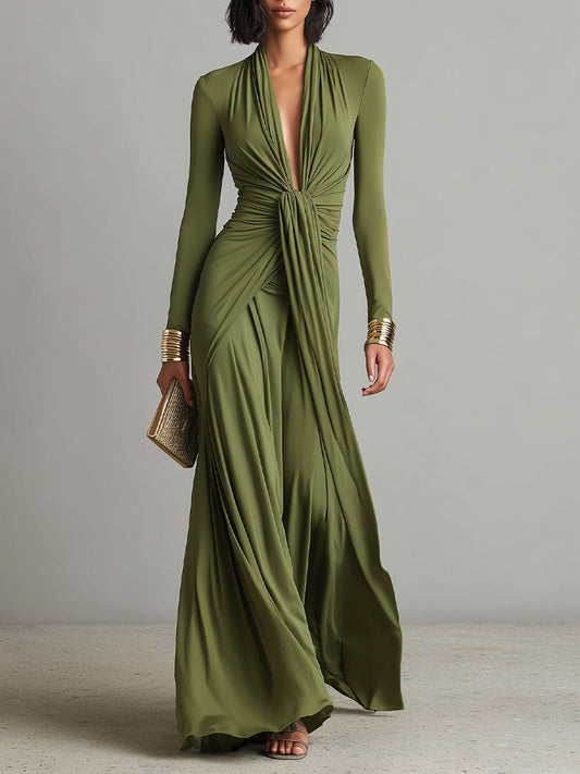 Floriane™ | Robe Maxi Vert Olive Col V