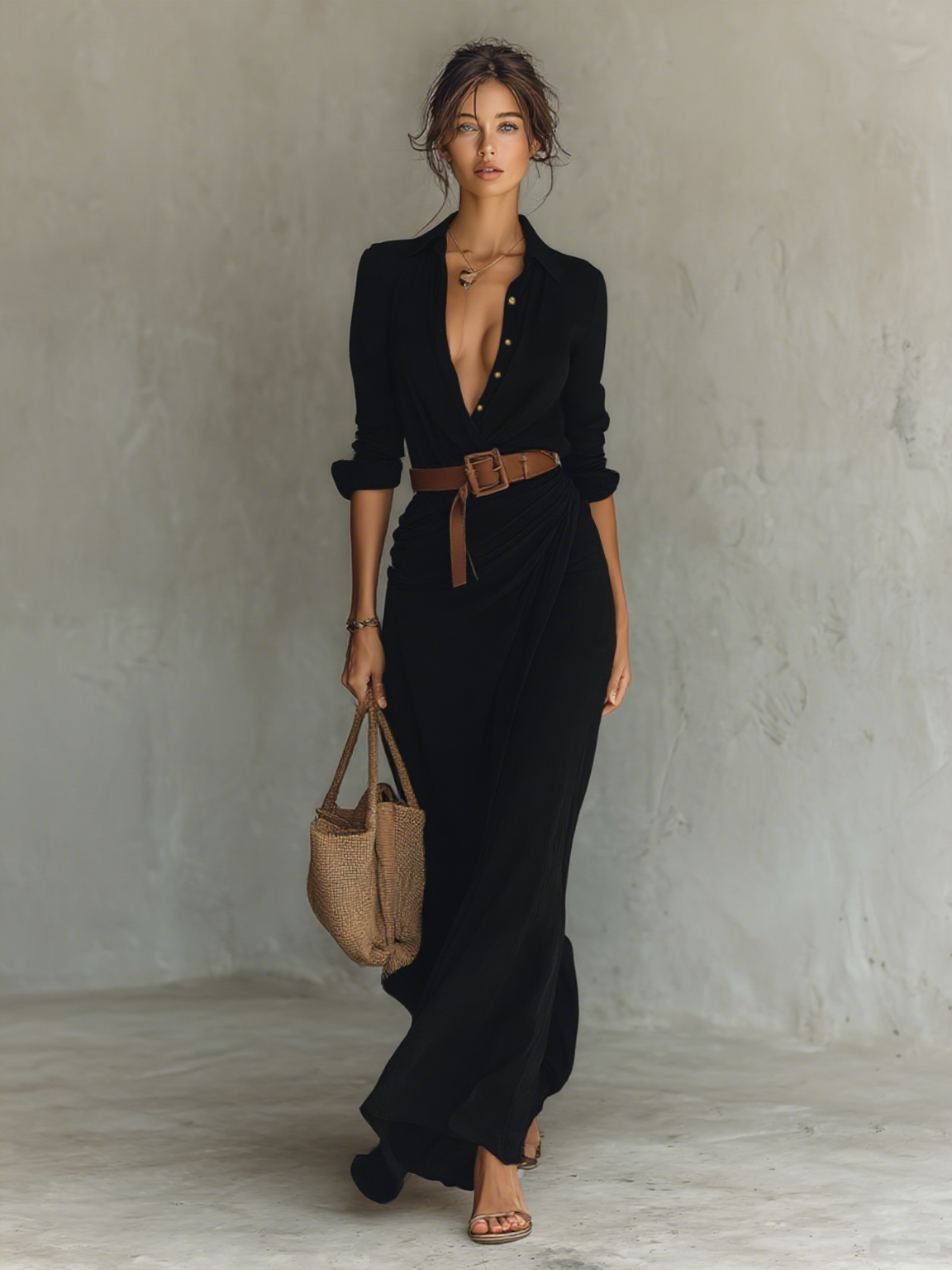 Clarisse™ | Robe Maxi Col Revers Manches Longues