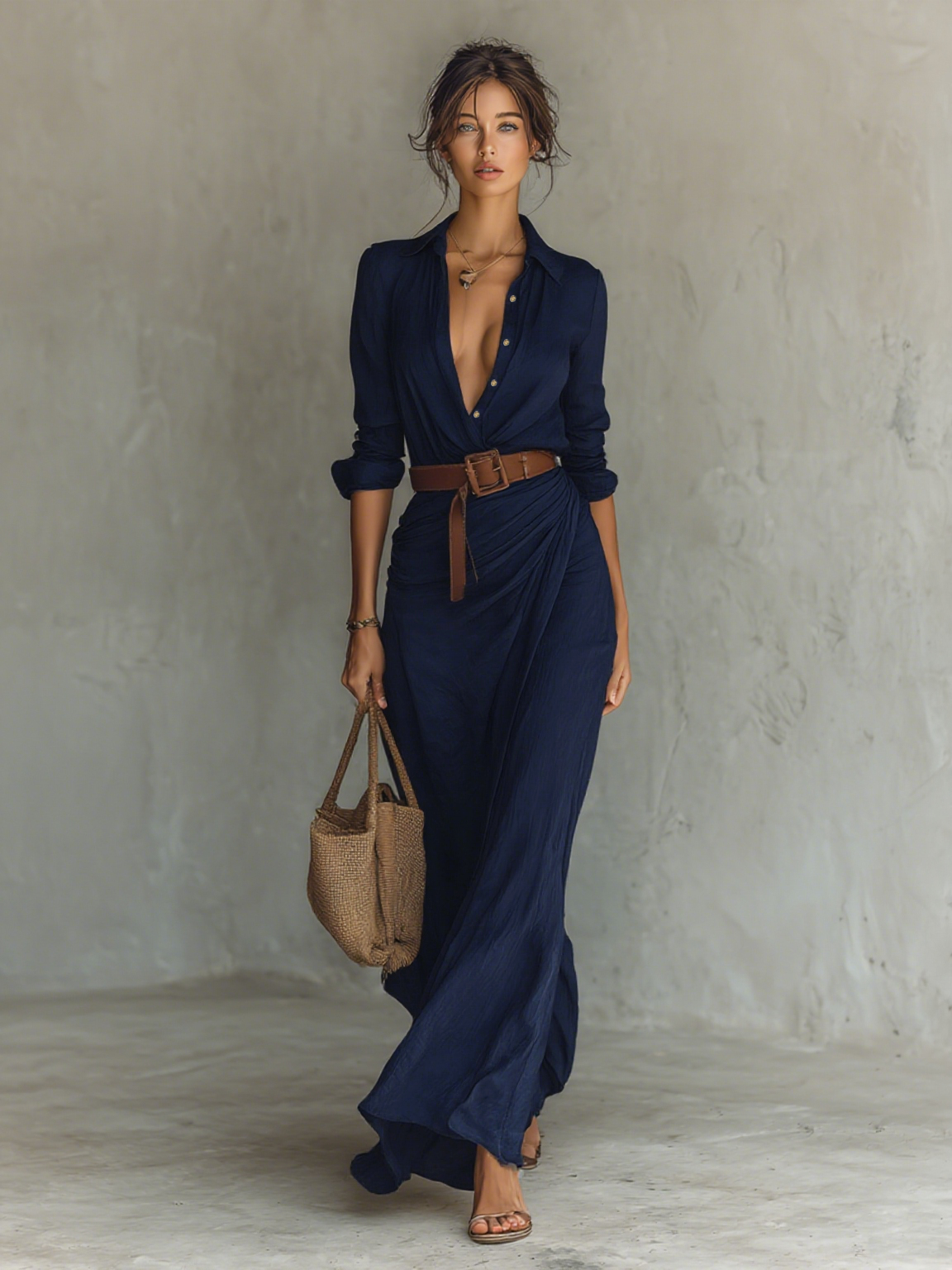 Clarisse™ | Robe Maxi Col Revers Manches Longues