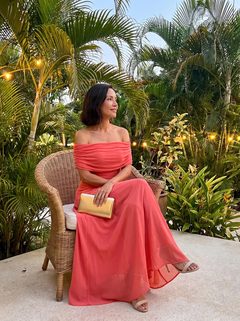 Fatima™ | Robe midi drapée épaules dénudées