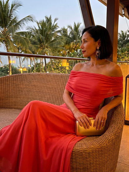 Fatima™ | Robe midi drapée épaules dénudées