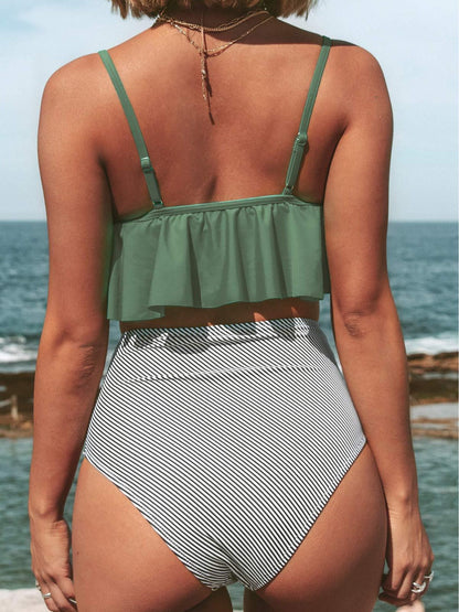 SEHAM™ | BIKINI TAILLE HAUTE À RAYURES HAUT À VOLANTS