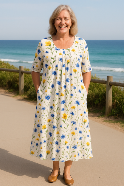 Fiona™ | Fließendes Midikleid mit elegantem Druck und kurzen Ärmeln