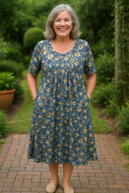 Fiona™ | Fließendes Midikleid mit elegantem Druck und kurzen Ärmeln