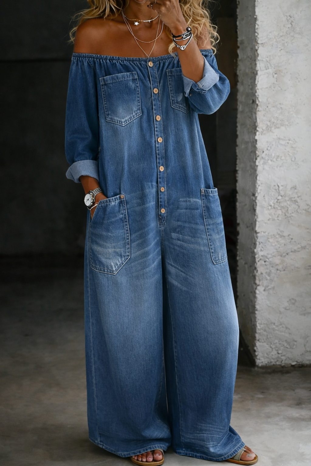 Elena™ | Combinaison denim épaules dénudées