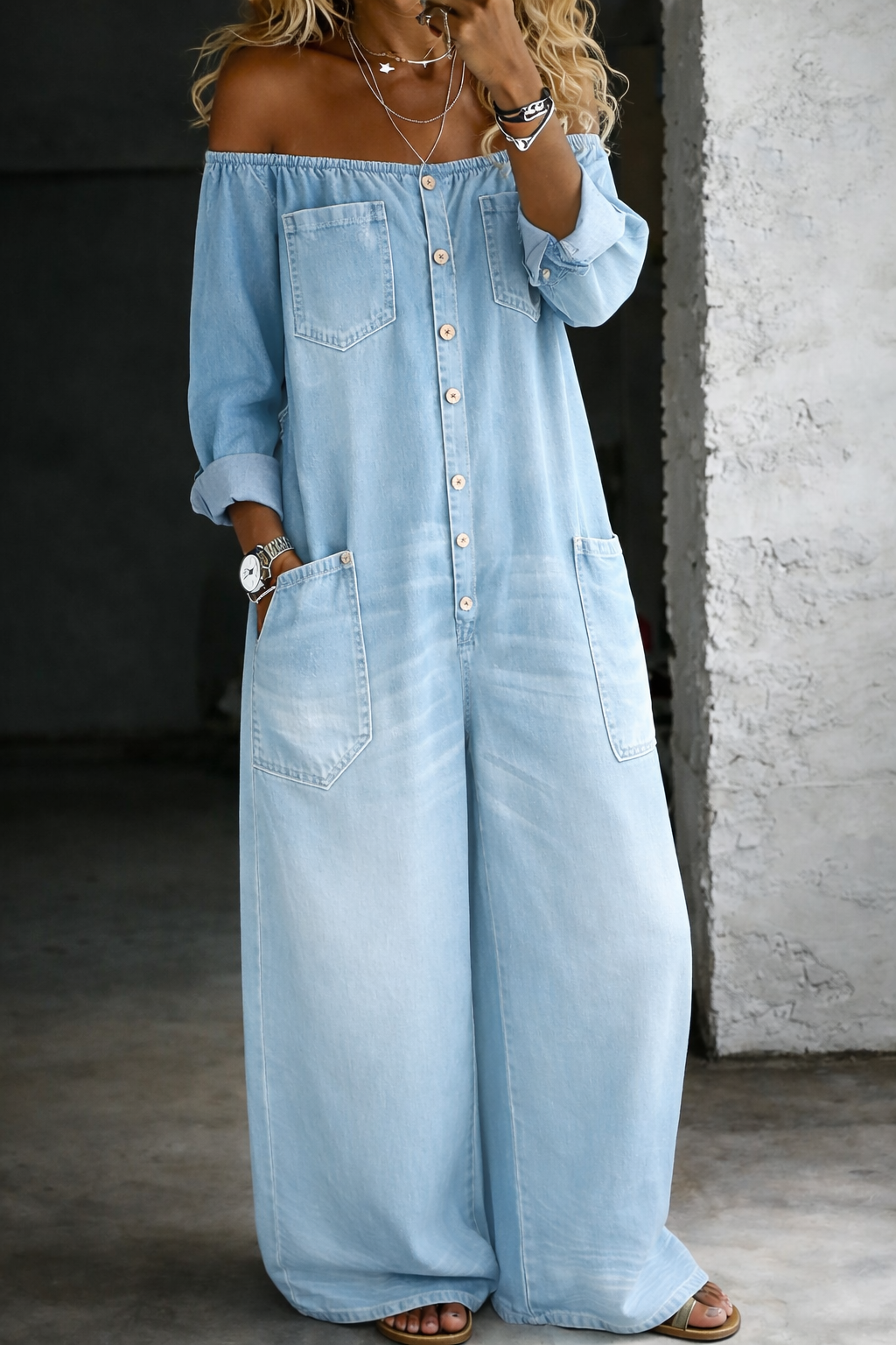Elena™ | Combinaison denim épaules dénudées