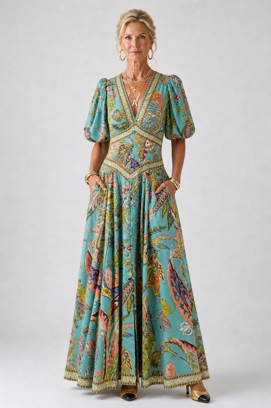 Célestine™ | Robe maxi légère à manches bouffantes et col V