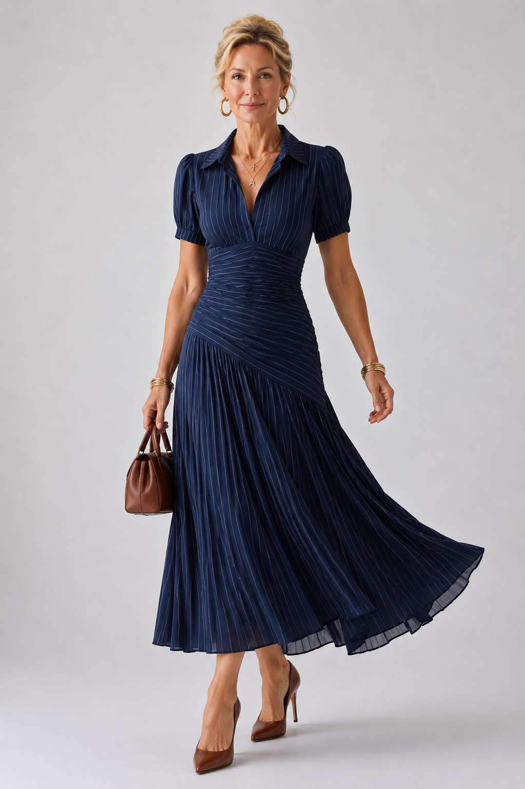 Salma™ | Robe midi rayée plissée
