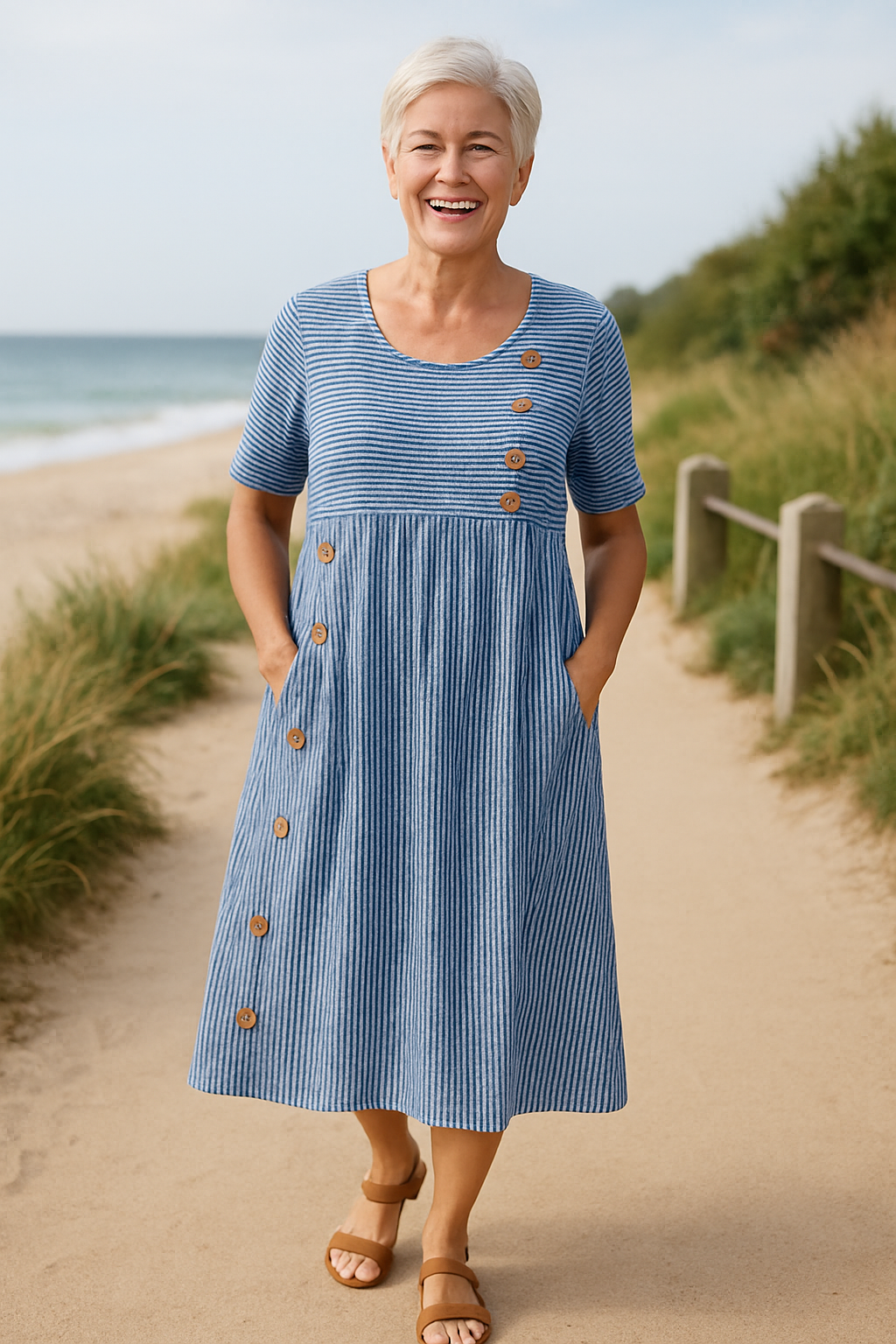Lucille™ | Robe midi fluide à rayures avec poches et boutons décoratifs