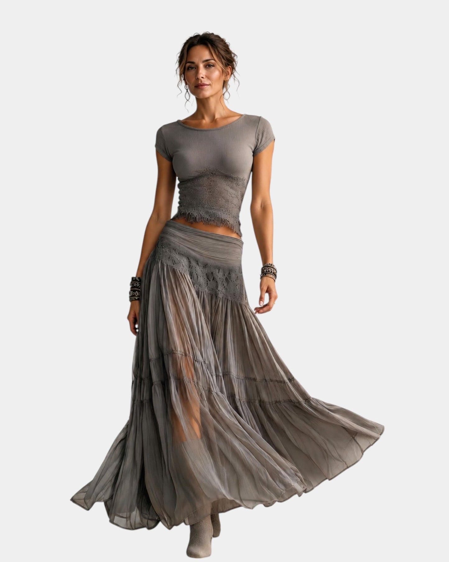 Emeline™ | Ensemble top en dentelle et jupe maxi plissée