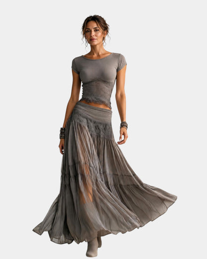 Emeline™ | Ensemble top en dentelle et jupe maxi plissée