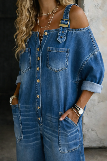 Sophia™ | Combinaison en jean à épaules dénudées