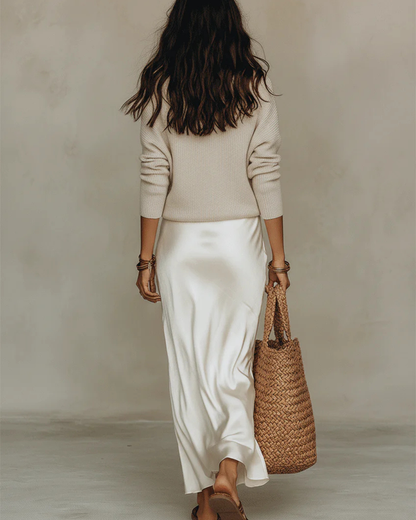 HELIANA™ | ROBE MIDI SATINÉE + PULL INCLUS