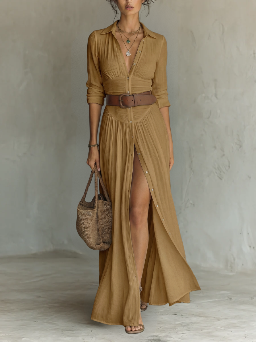 Cassia™ | Maxi-Robe en Lin à Col Revers