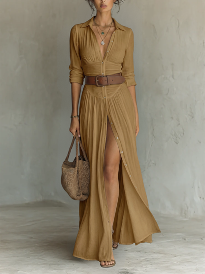Cassia™ | Maxi-Robe en Lin à Col Revers
